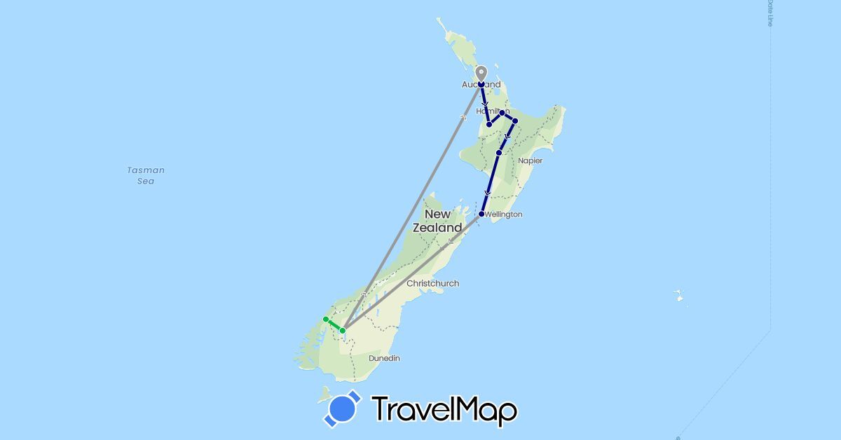 TravelMap itinerary: driving, bus, plane in New Zealand (Oceania)